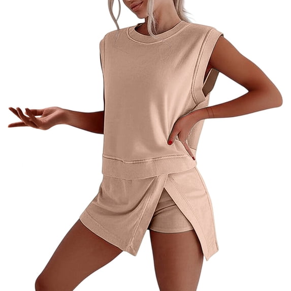 YUEHUA Women's Summer Two Pieces Lounge Set Wash Sleeveless Tank Top Skort Set Trendy Split Athletic Skirt Shorts 2026 Travel Outfits