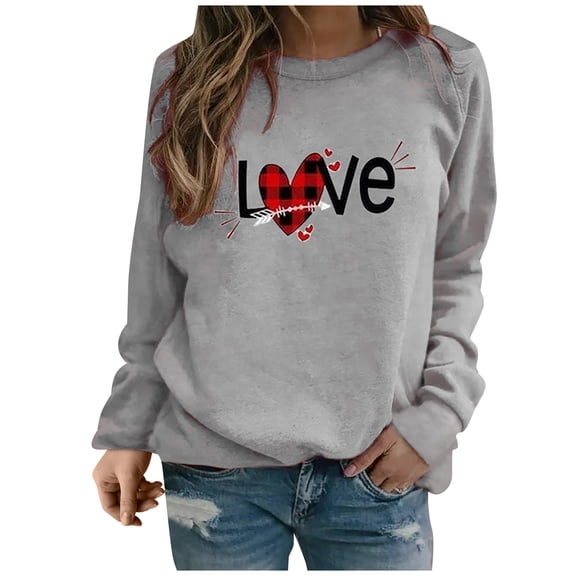 YUEHUA Women's Sweatshirt Preppy Soft Lightweight O Neck Valentine's I Love You Printed Women Tshirt Long Sleeve Casual Tee Tops, Size XXL