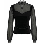 YUEHUA Womens Velvet Blouse V Neck Elegant Tops Lace Vintage Long Sleeve Ruffle Dressy Blouse Tops Office &Casual Wear