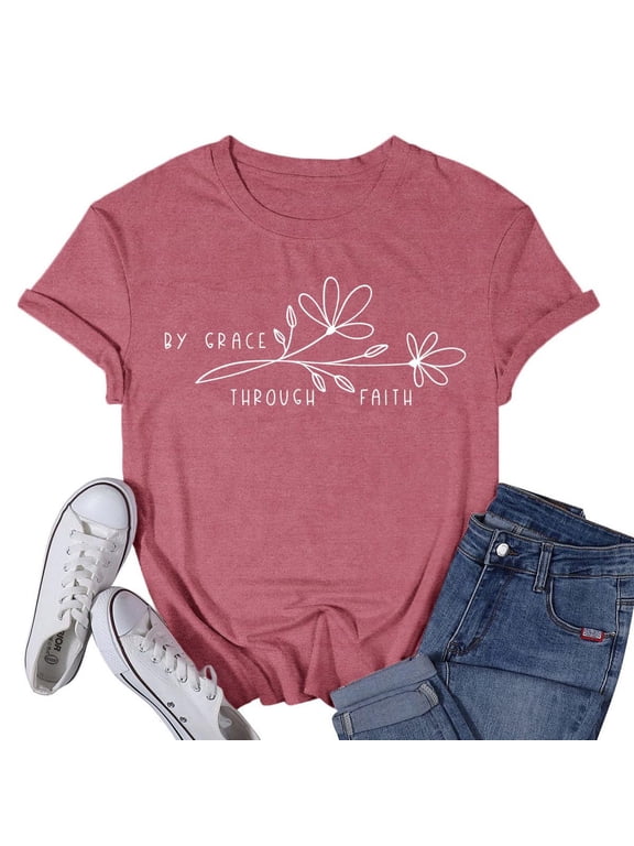 Womens Christian Shirt Faith Soft T-Shirts Bible Verse by Grace Through Faith Ladies' Tee Tops