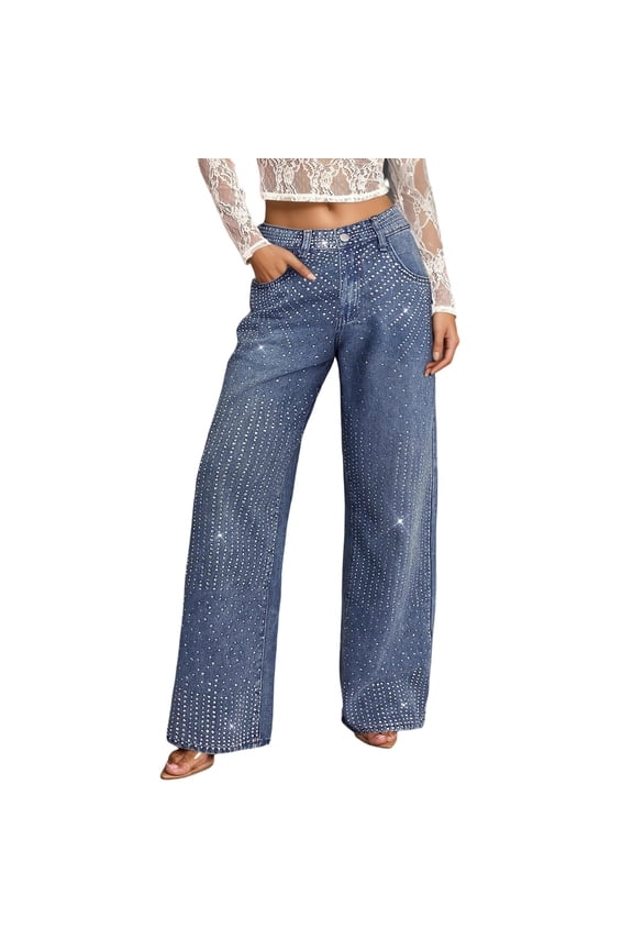 Womens High Waisted Rhinestone Jeans Straight Wide Leg Bling Denim Pants, Size XXL