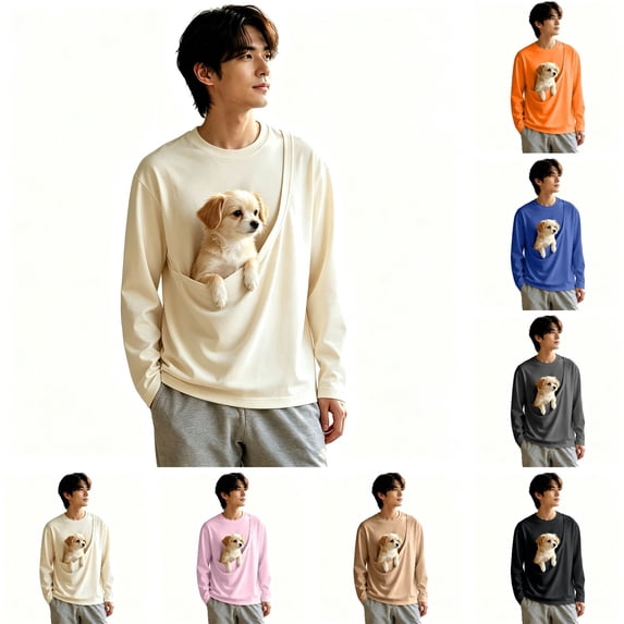 YUEHUA Womens Pet Pouch T-Shirt Puppy Pouch Shirts Animal Holder Long Sleeve Tee Shirts Relaxed Pocket Tee Casual Everyday Wear