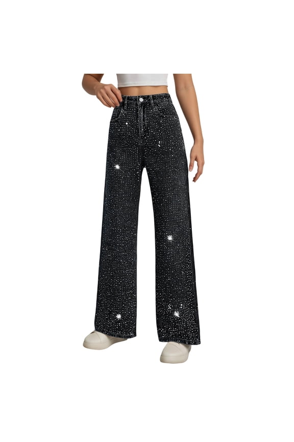 Womens Rhinestone Straight Wide Leg Jeans Vintage Wash Sparkling Baggy Denim Pants for Party Music Festival, Size XL