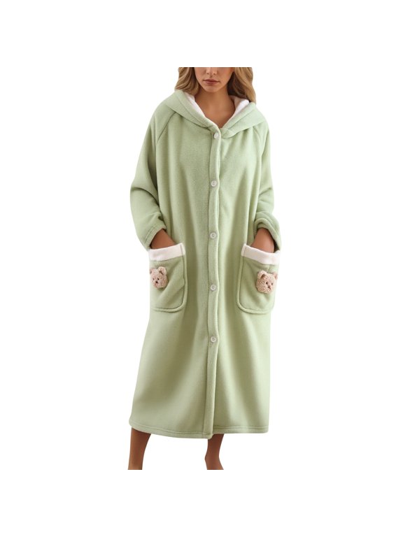 Womens Robe Robe for Women Womens Robe with Hood Flannel Hooded Bathrobe Winter Bear Print Cozy Loungewear Long Shawl Collar Robe for Home