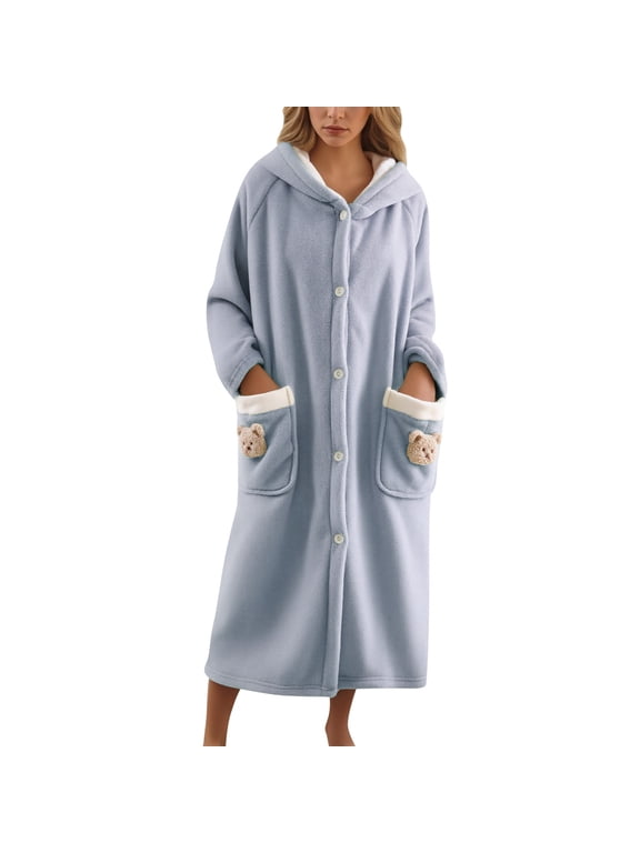 Womens Robe Robe for Women Womens Robe with Hood Flannel Hooded Bathrobe Winter Bear Print Cozy Loungewear Long Shawl Collar Robe for Home