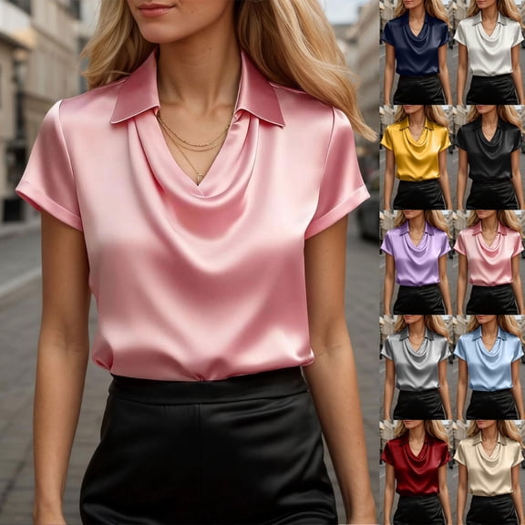 YUEHUA Womens Satin Elegant V-Neck Shirts Cowl Neck Short Sleeve Draped Silk Tops for Women Work Office Dressy Pullover Blouse