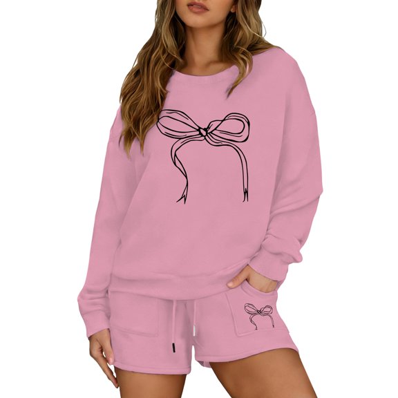 YUEHUA Womens Two Piece Outfits Bow Graphic Print Hoodie Sweat Shorts Set Oversized Sweatshirt and High Waist Tracksuit