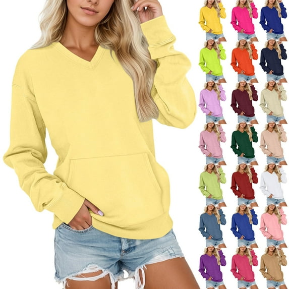 YUEHUA Womens V Neck Sweatshirt with Pocket No Hooded Long Sleeve Fleece Pullover Sweaters Fall Fashion Oversized Sweatshirt