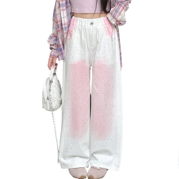 YUEHUA blue jeans boys size 14, Girls Rhinestone Pants Fashionable Flare Leg Jeans With Crystal Embroidery Straight Cut Casual Trousers For Teen Youth