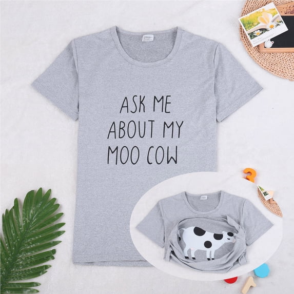 YUEHUA girls crew neck short sleeve ASK ME ABOUT MY COW Children's Novelty Funny Humor Flip T Shirt Round Neck Short Sleeved T Shirt 3 To 14 Years Old Children