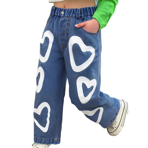 YUEHUA girls jeans size 6, Girls High Waist Straight Leg Denim Jeans With Heart Print Casual Comfort Stretch Pants For Kids And Toddlers Everyday Wear