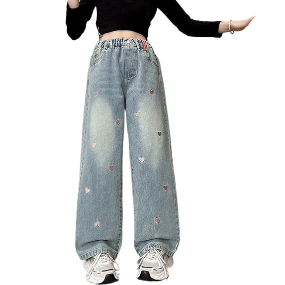 YUEHUA girls wide leg jeans size 12, Girls Floral Embroidered Wide Leg Pants Fashion Trousers Light Wash Denim Jeans For Girls Casual Boho Retro Style Comfortable Everyday Wear