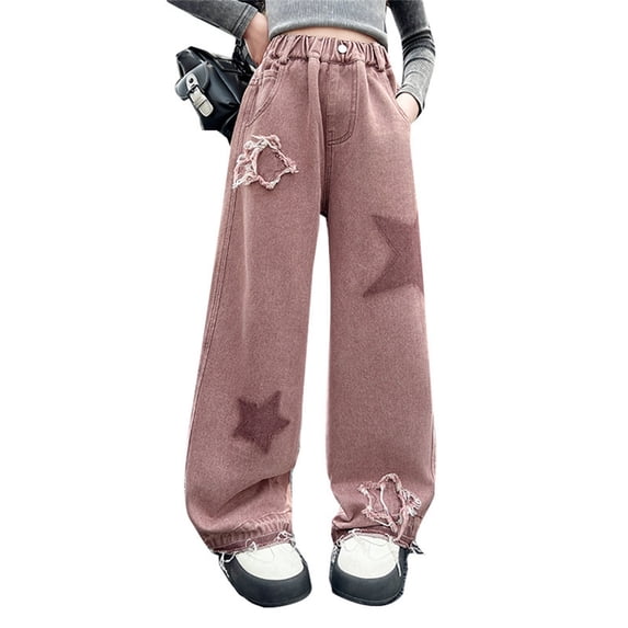 YUEHUA y2k jeans for girls size 14/16, Kids Girls Jeans Distressed Elastic Waist Baggy Denim Wide Leg Pants Trousers