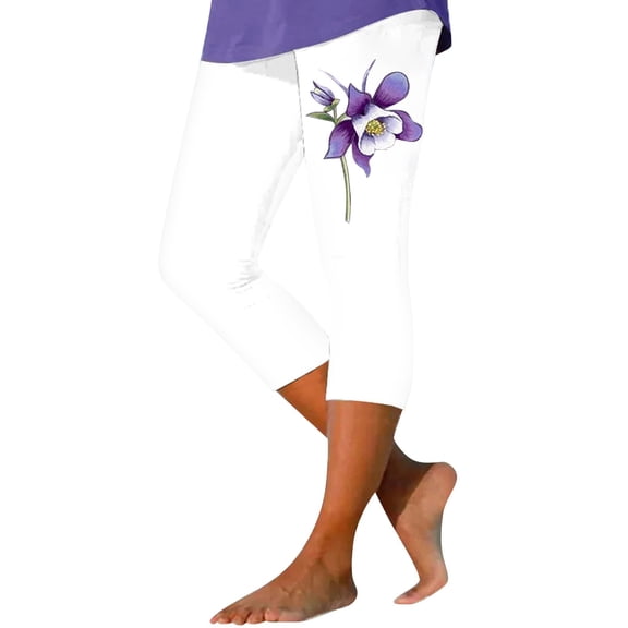 YUEJUIR Capri Leggings with Pockets Women's Fashion Casual Floral Print High Waist Elastic Capri Pants Leggings Cropped Pants for Women Ladies Capri Pants Plus Size Capris for Women (White,XXXL)