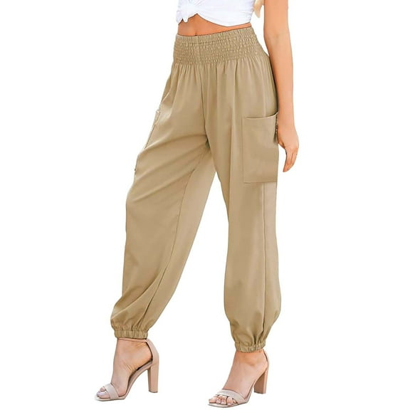 YUEJUIR Capri Leggings for Women Womens Summer Boho Business Casual Smocked High Waisted Cargo Long Pants with Pockets Womens Wide Leg Pants Wide Leg Pants for Women (Khaki,XXXXL)
