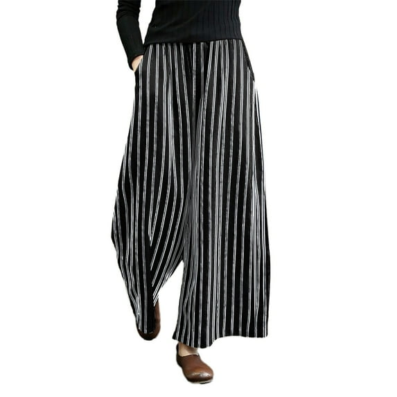 YUEJUIR Capri Pants for Women Women Casual Stripe Print Elastic Waist Pocket Loose Wide Leg Pants Trousers Womens Linen Pants Wide Leg Pants for Women Flowy Pants for Women (Black,XXXL)
