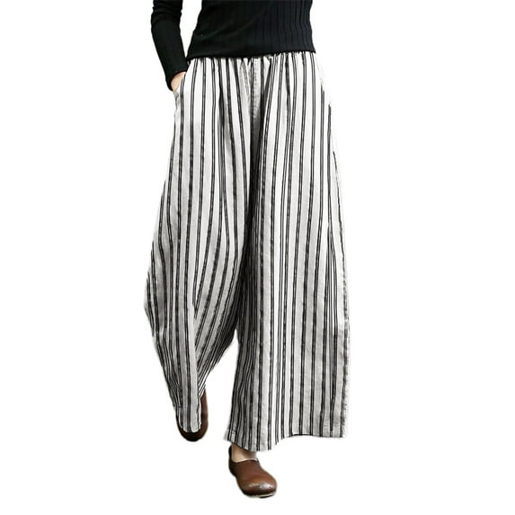 YUEJUIR Capri Pants for Women Women Casual Stripe Print Elastic Waist Pocket Loose Wide Leg Pants Trousers Womens Linen Pants Womens Trousers High Waisted Petite Palazzo Pants (White,M)