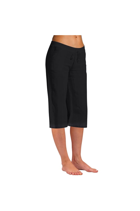 Capri Pants for Women Women Fashion Solid Color Cotton Flax Elastic Long Pants Beach Leisure Trousers Crop Length Pants Womens Capris for Summer Yoga Capris for Women (Black,XL)