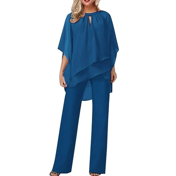 YUEJUIR Elegant Ruffle 2 Piece Sets Women's Solid Color Loose Irregular Set Casual Pantsuits with Short Sleeve Chiffon Ruffle Blouse (Blue,XXXL)