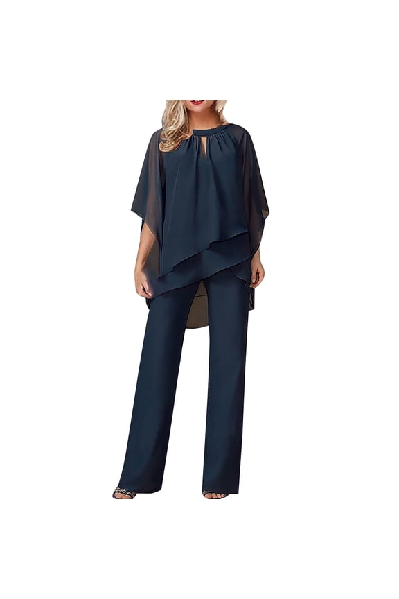 Elegant Ruffle 2 Piece Sets Women's Solid Color Loose Irregular Set Casual Pantsuits with Short Sleeve Chiffon Ruffle Blouse (Navy Blue,XL)