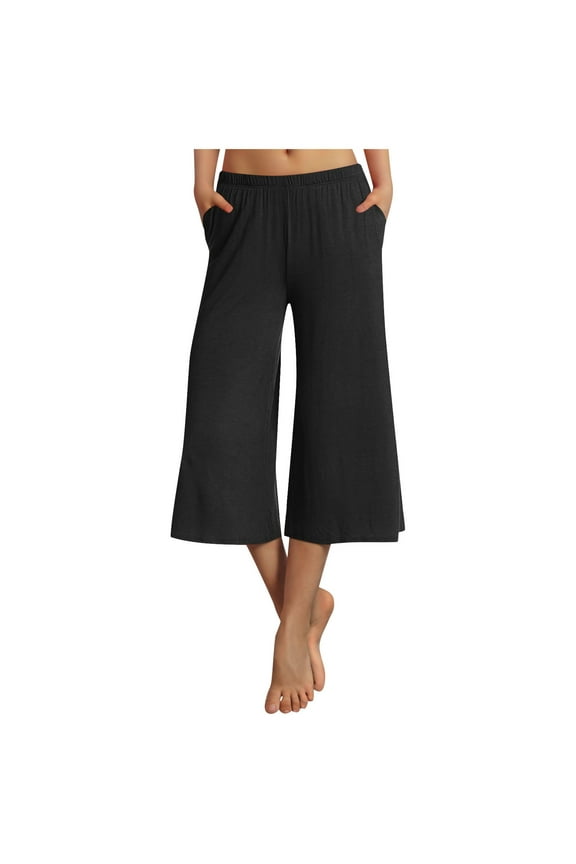 Flared Leggings for Women Capri Pants for Women Casual 2024 Summer Wide Leg High Waisted Pants Straight Wide Leg Cropped Trouser Yoga Pants Womens Leggings Bell Bottom Leggings (Black,M)