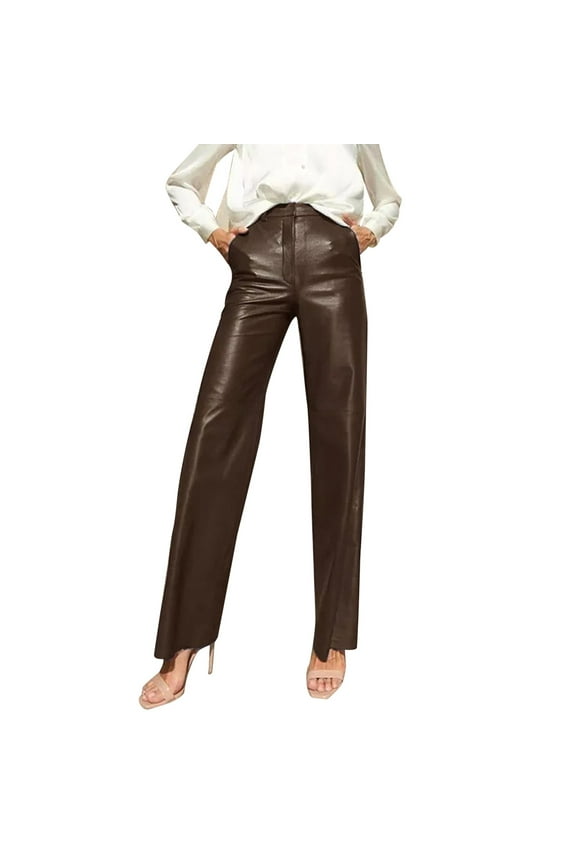 Jeans 2024 Winter Women Clothes Solid Hot Elegance Streetwear Skinny High Waist Trousers Faux Pu Leather Women Straight Pants Stretchy Jeans for Women Mid Rise Jeans for Women (Coffee,L)