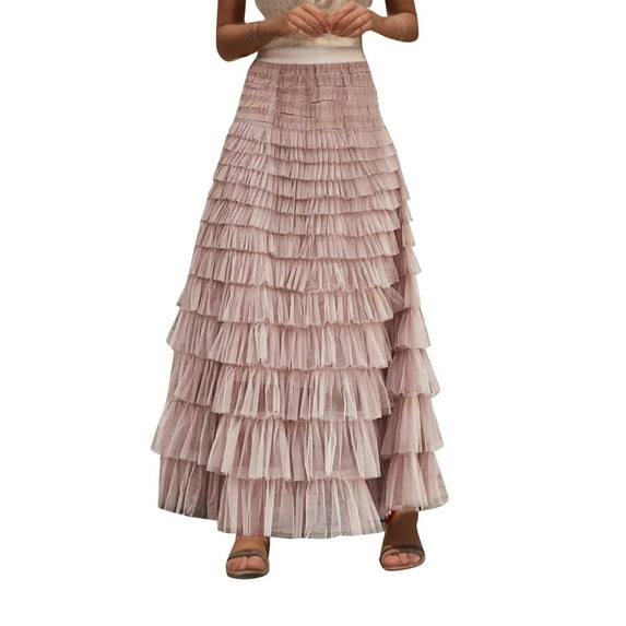 YUEJUIR Knee Length Skirts for Women Women's A Line Pleated Skirt Long Tutu Skirt Ruffle Mesh Vintage Calf Length Chiffon High Waist Bubble Skirt Maxi Skirt Summer Skirts Floral Skirt (Pink,L)