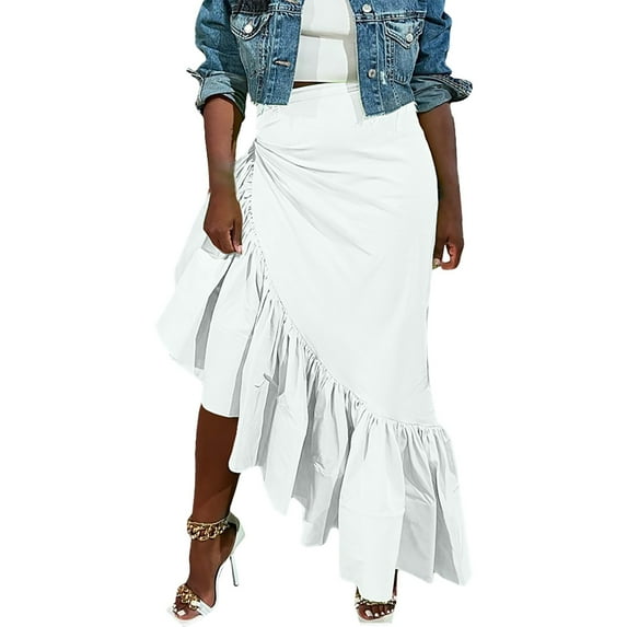 YUEJUIR Knee Length Skirts for Women Women's Solid Color Irregular Ruffle Half Body Skirt Maxi Skirt Summer Skirts Floral Skirt (White,L)