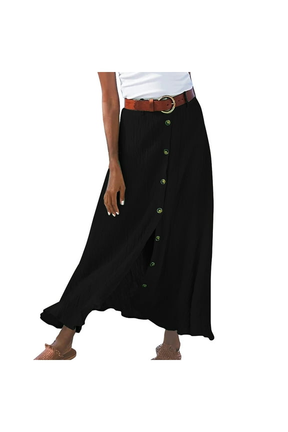 Ladies Summer Maxi Skirts Solid Cotton and Linen Half Length Slit Hip Midwaist Skirt (Black,S)
