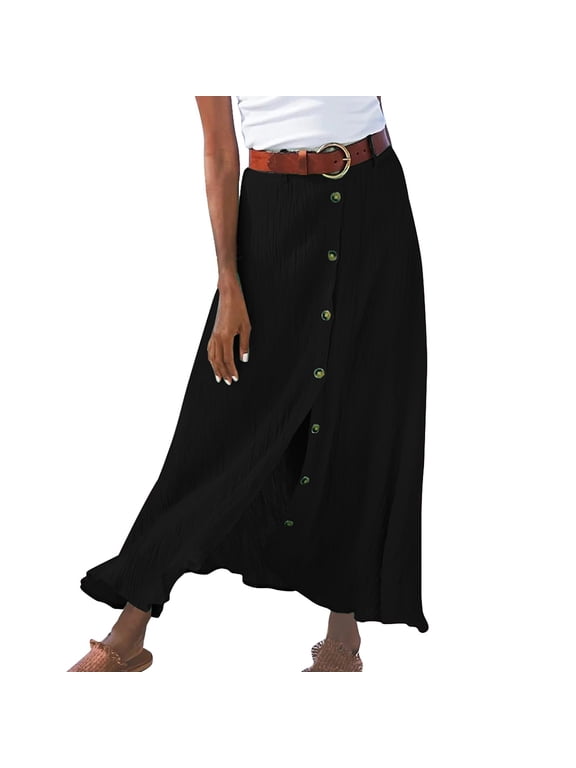 Ladies Summer Maxi Skirts Solid Cotton and Linen Half Length Slit Hip Midwaist Skirt (Black,XL)