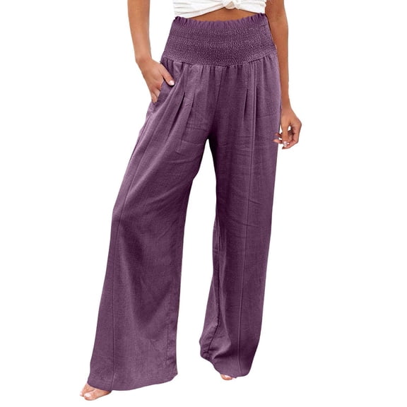 YUEJUIR Slacks For Women Women Summer High Waisted Cotton Linen Palazzo Pants Wide Leg Long Pant Trousers With Pocket Postpartum Clothes Womens Linen Pants Business Casual (Purple,XL)