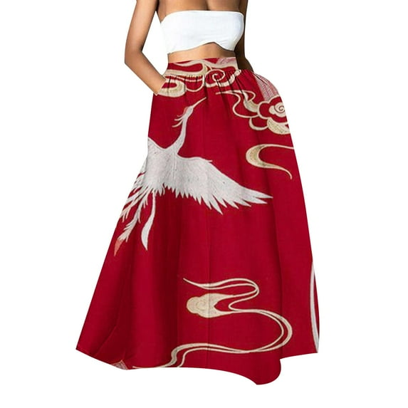 YUEJUIR Long Skirts For Women Women Floral Print Skirt High Waist Party Beach Pocket Long Maxi Skirt Maxi Skirt Pleated Skirt (Red,M)