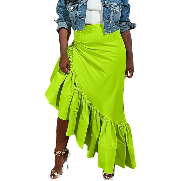 YUEJUIR Long Skirts for Women Women's Solid Color Irregular Ruffle Half Body Skirt Midi Skirt Women's Skirts Boho Skirt (Green,L)