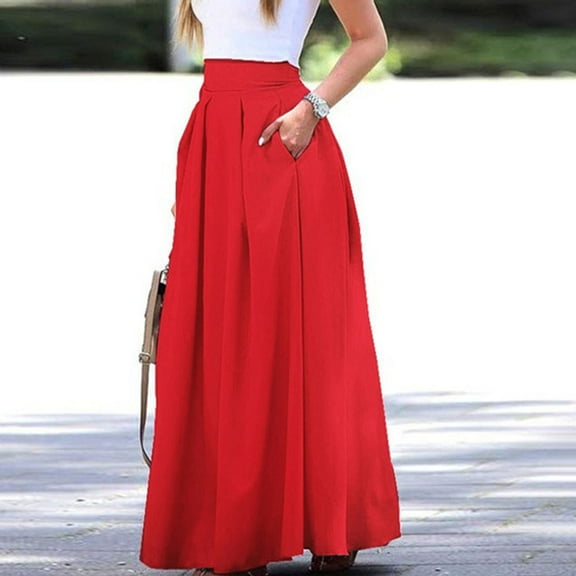 YUEJUIR Maxi Skirt Women'S Large Solid Color Pocket High Waist Ol Half Skirt Pleated Skirt A Line Skirt Boho Skirt (Red,S)