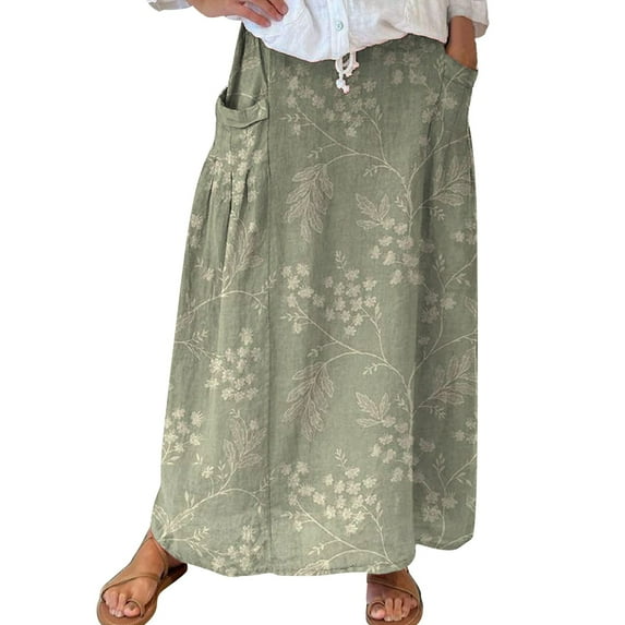 YUEJUIR Maxi Skirt Women's Retro Floral Art Linen Elastic Waistband Pocket Skirt A Line Skirt Boho Skirt (Army Green,XXXL)