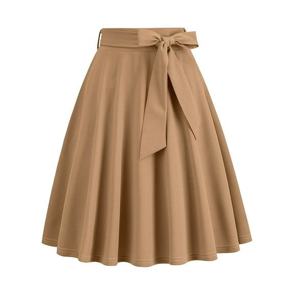 YUEJUIR Midi Skirt Ladies Solid Color Bow Belt Retro Pocket A Line Skirt Plus Size Skirts Mini Skirts for Women Women Skirts (Khaki,L)