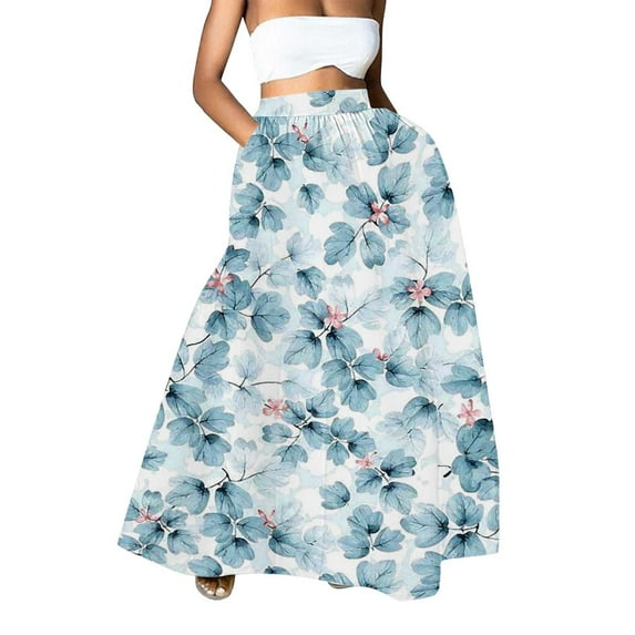 YUEJUIR Midi Skirt Women Floral Print Skirt High Waist Party Beach Pocket Long Maxi Skirt Flowy Skirt Linen Skirts for Women (Blue,XXL)