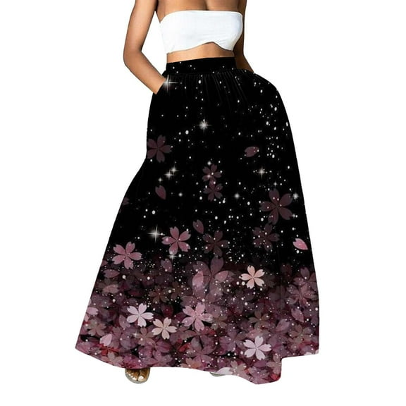 YUEJUIR Midi Skirts for Women Women Floral Print Skirt High Waist Party Beach Pocket Long Maxi Skirt Casual Skirts for Women Womens Maxi Skirt (Purple,S)