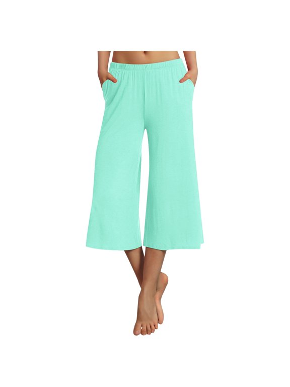 Pants for Women Capri Pants for Women Casual 2024 Summer Wide Leg High Waisted Pants Straight Wide Leg Cropped Trouser Yoga Pants Pantalones Para Mujer (Mint Green,S)