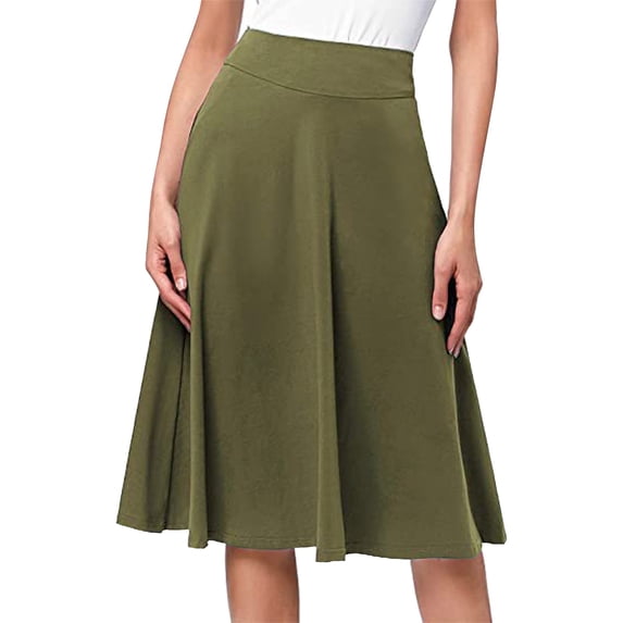 YUEJUIR Pleated Skirts For Women Simple Comfy Basic Solid Color Stretch A Line Flared Knee Length Skirt Floral Maxi Skirt Boho Skirt (Army Green,S)