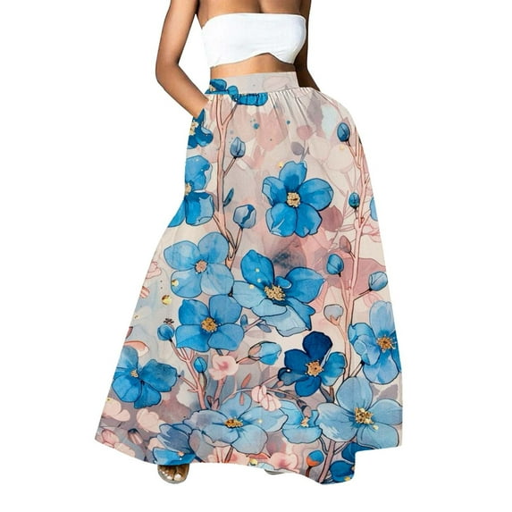 YUEJUIR Pleated Skirts for Women Women Floral Print Skirt High Waist Party Beach Pocket Long Maxi Skirt Plus Size Maxi Skirt Womens Maxi Skirt (Pink,S)
