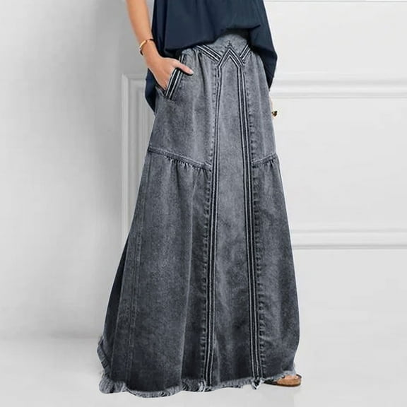 YUEJUIR Pleated Skirts For Women Women'S Casual High Waist Denim Skirt Slim Fit A Line Jean Maxi Skirt Casual Skirts For Women Womens Maxi Skirt (Gray,XL)