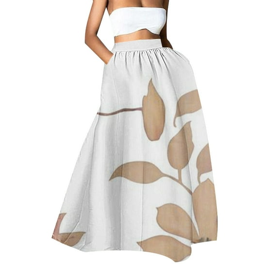 YUEJUIR Plus Size Skirts Women Floral Print Skirt High Waist Party Beach Pocket Long Maxi Skirt Long Skirts Plus Size Skirt (White,XXL)