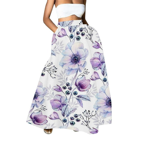 YUEJUIR Skirt Women Floral Print Skirt High Waist Party Beach Pocket Long Maxi Skirt Plus Size Maxi Skirt Womens Maxi Skirt (Purple,XL)