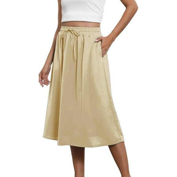 YUEJUIR Skirts Boho Skirts for Women Trendy Summer Flowy Floral Midi Skirts with Pockets Lightweight Drawstring High Waisted Skirts A Line Skirt Boho Skirt (Khaki,L)