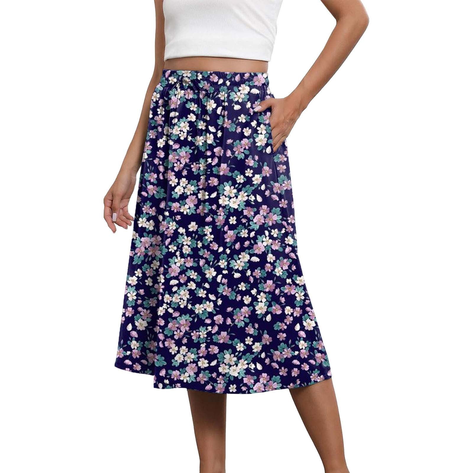 YUEJUIR Skirts for Women Boho Skirts for Women Trendy Summer Flowy Floral Midi Skirts with Pockets Lightweight Drawstring High Waisted Skirts Long Skirt Linen Skirts for Women Dark Blue L Walmart