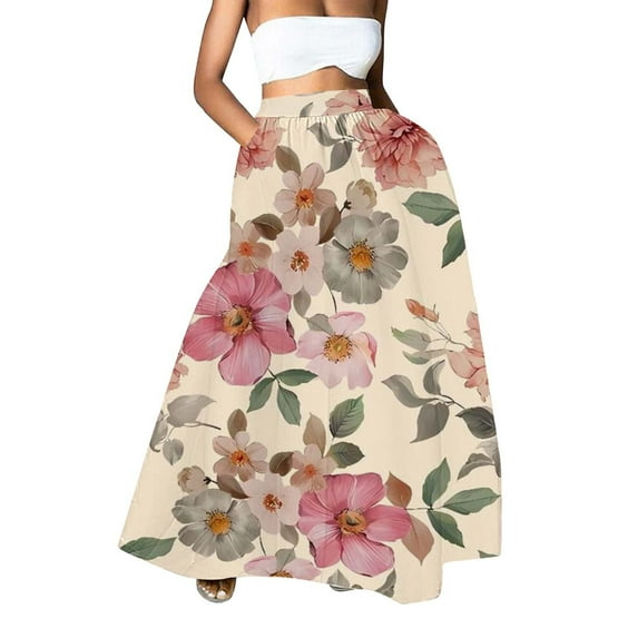 YUEJUIR Skirts Women Floral Print Skirt High Waist Party Beach Pocket Long Maxi Skirt Plus Size Maxi Skirt Womens Maxi Skirt (Beige,S)