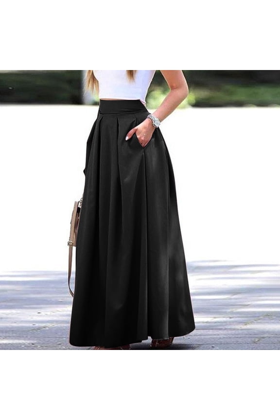 Skirts Women'S Large Solid Color Pocket High Waist Ol Half Skirt Pleated Skirt Casual Skirts For Women Womens Maxi Skirt (Black,L)