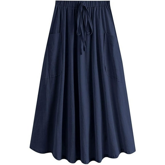 YUEJUIR Skirts for Women Women's Casual High Waist Pleated A Line Midi Skirt with Pocket Skirts Linen Skirt Skirts for Women Trendy Summer (Dark Blue,XL)