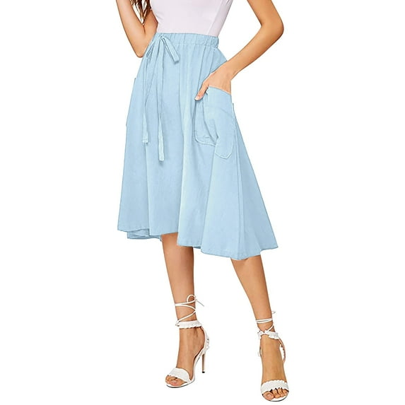 YUEJUIR Skirts for Women Trendy Summer Women's Casual High Waist Pleated A Line Midi Skirt with Pocket A Line Skirt Boho Skirt (C,L)